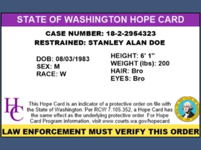 Sample Washington State HOPE Card showing protected order holder information and case number