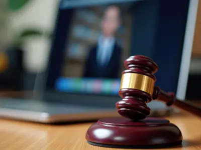 Laptop showing a remote court hearing.