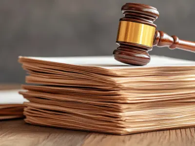 Gavel beside a stack of legal or court documents
