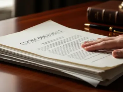 Hand reviewing a stack of legal or court documents on a desk